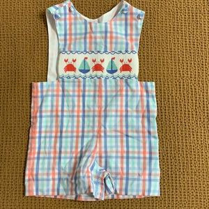 Shrimp & Grits Kids smocked shortall 12 months.